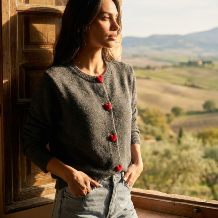 Kadın Antrasit Bisiklet Yaka Kalp Desen Düğmeli Triko Hırka