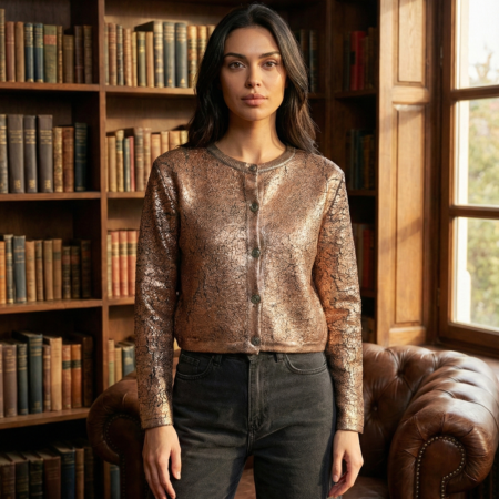 Kadın Bakır Düğmeli Varaklı Triko Hırka