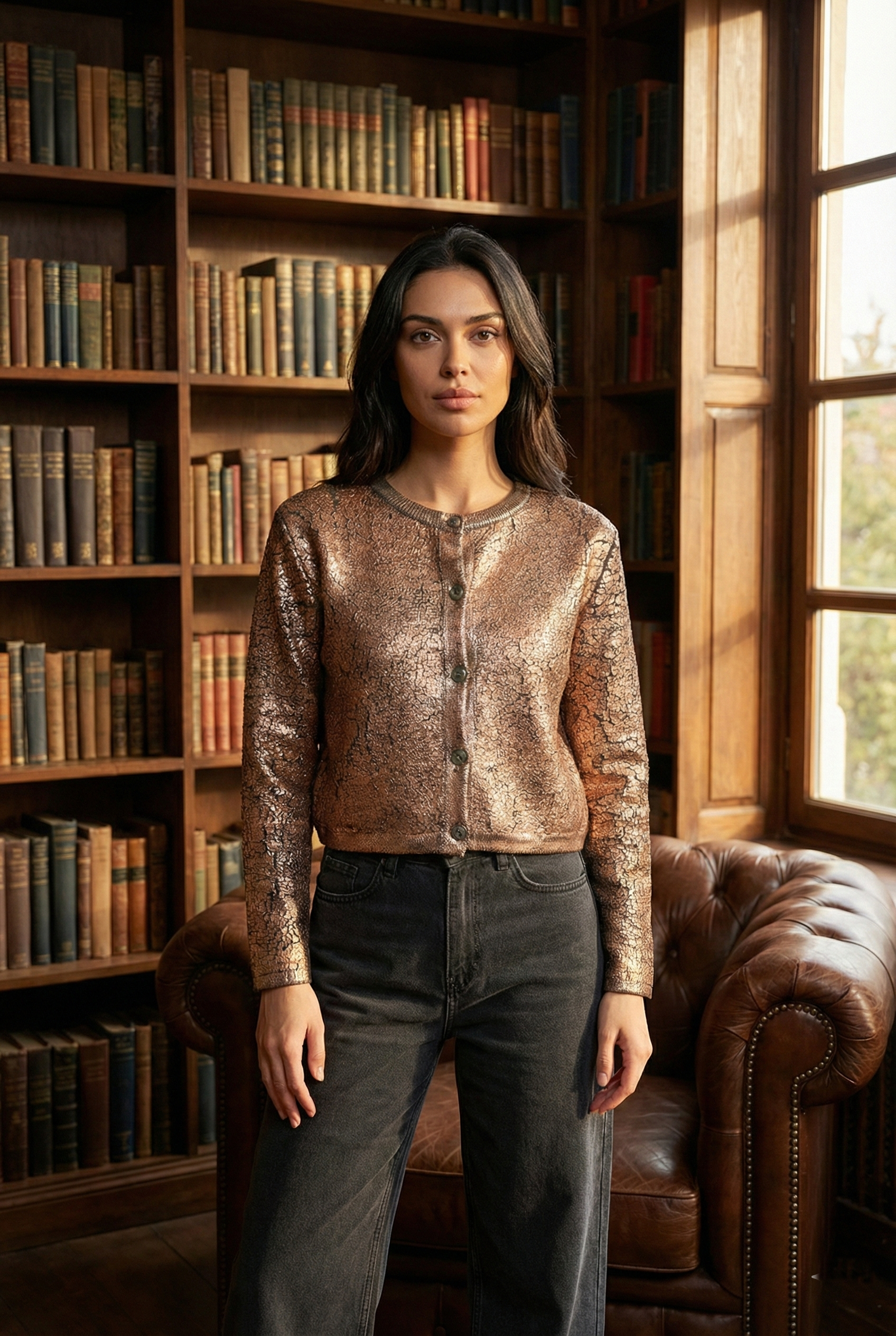 Kadın Bakır Düğmeli Varaklı Triko Hırka