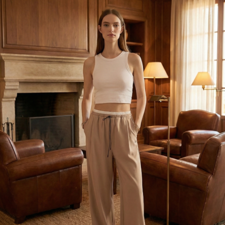 Kadın Bej Beli Lastikli Düz Pantolon