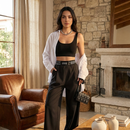 Kadın Beli Yazılı  Dokuma Pantolon