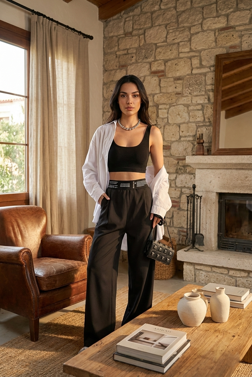 Kadın Beli Yazılı Dokuma Pantolon