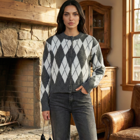 Kadın Bisiklet Yaka Baklava Desen Triko Hırka