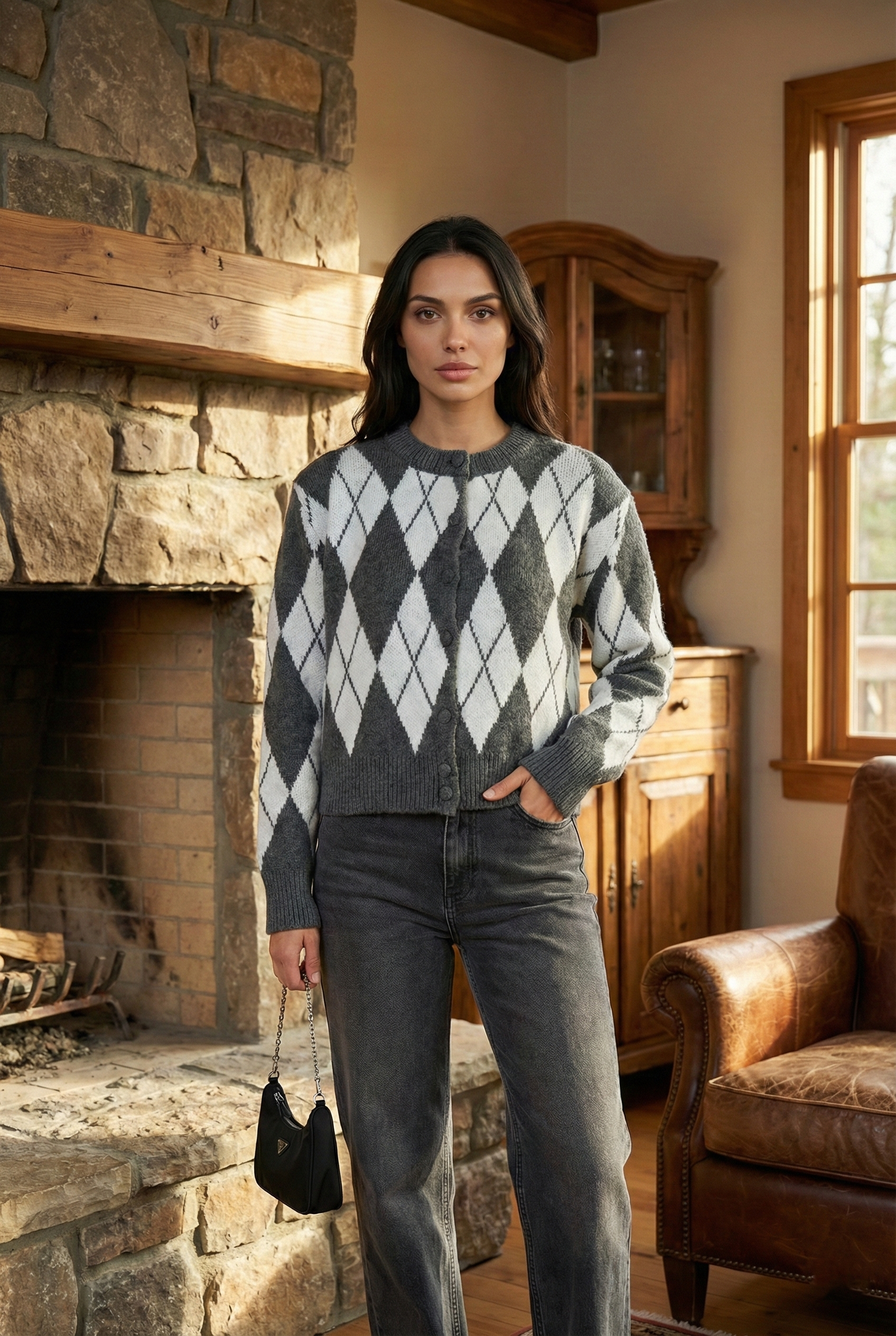 Kadın Bisiklet Yaka Baklava Desen Triko Hırka