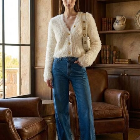 Kadın Bisiklet Yaka Kalp Düğmeli Peluş Hırka