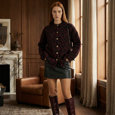 Kadın Bordo Leopar Desen Gold Düğmeli Triko Hırka