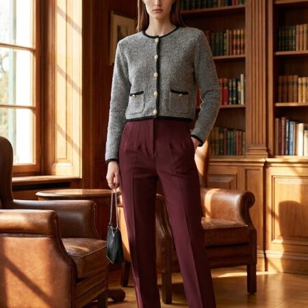 Kadın Bordo Yüksel Bel Fermuarlı Kumaş Pantolon