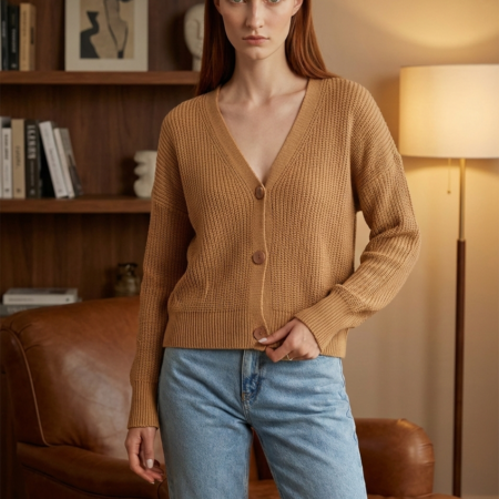 Kadın Camel 3 Düğmeli Triko Hırka