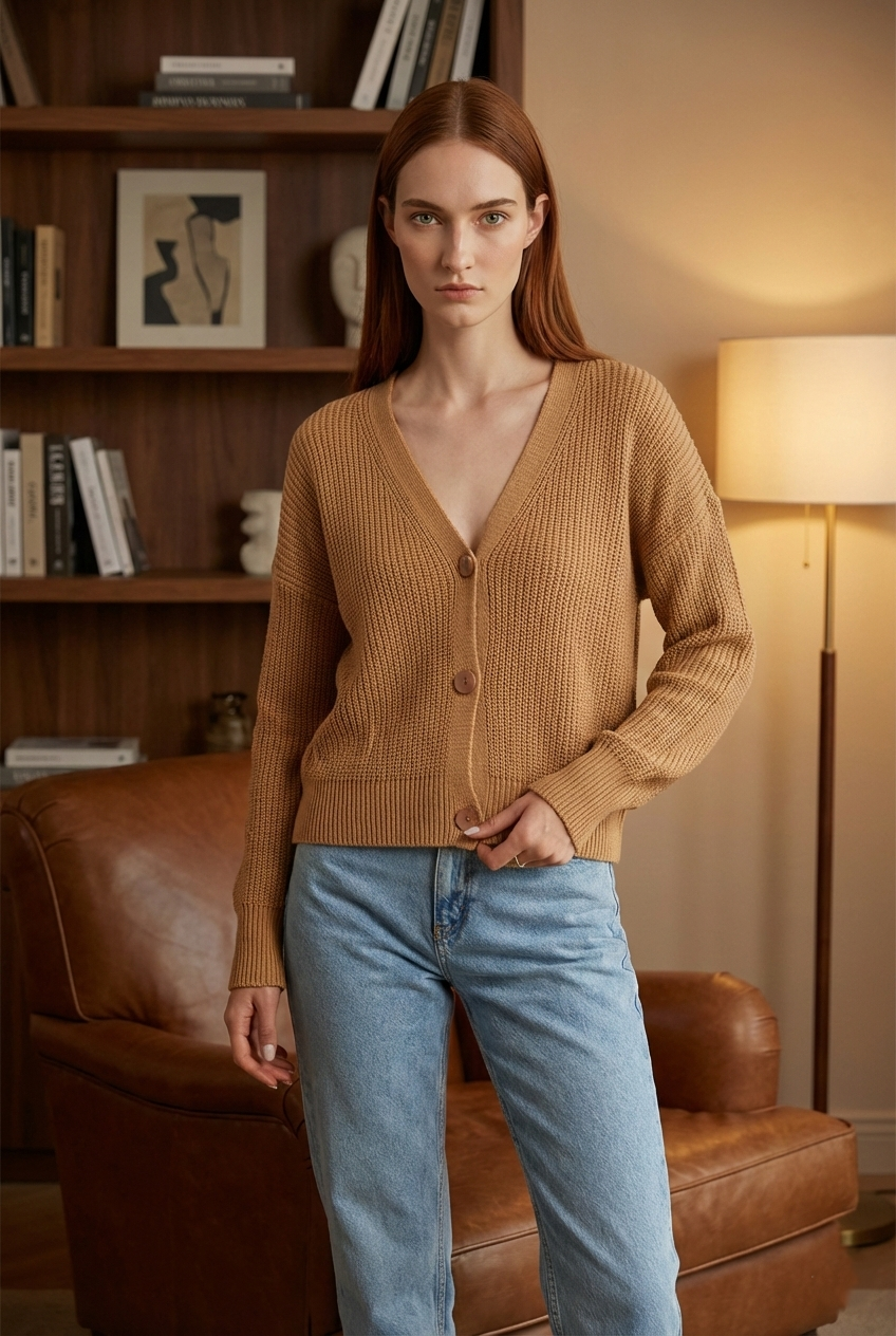 Kadın Camel 3 Düğmeli Triko Hırka