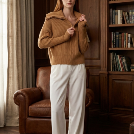 Kadın Camel Kalın Selanik Fermuarlı Triko Hırka