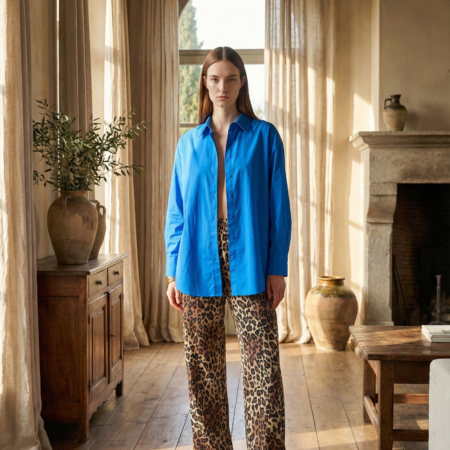 Kadın Camel Leopar Yüksel Bel Lastikli Geniş Kesim Pantolon