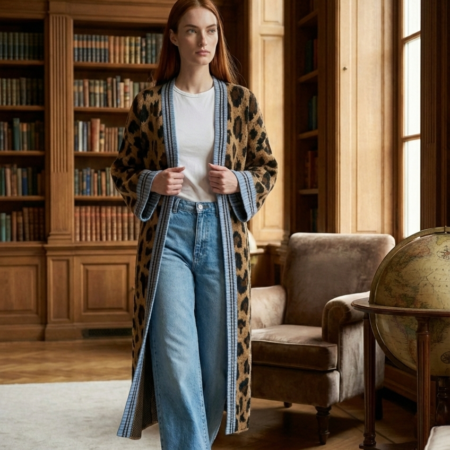 Kadın Camel Şal Yaka Leopar Desenli Kırmızı Şeritli Uzun Hırka