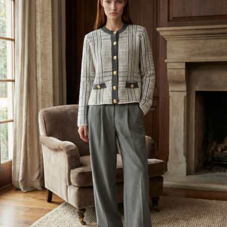 Kadın Ekru-Antrasit Bisiklet Yaka Gold Düğmeli Triko Hırka