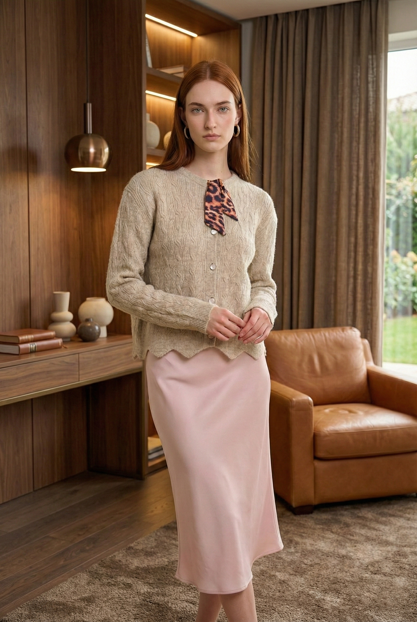 Kadın Fularlı Düğmeli Bisiklet Yaka Triko Hırka