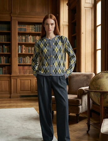 Kadın Gri Baklava Desen Bisiklet Yaka Düğmeli Triko Hırka