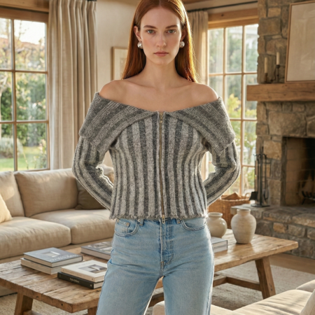 Kadın Kalın Fitilli Degaje Fermuarlı Triko Hırka