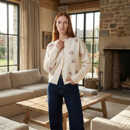 Kadın Kalp Nakışlı Uzun Kollu Triko Hırka