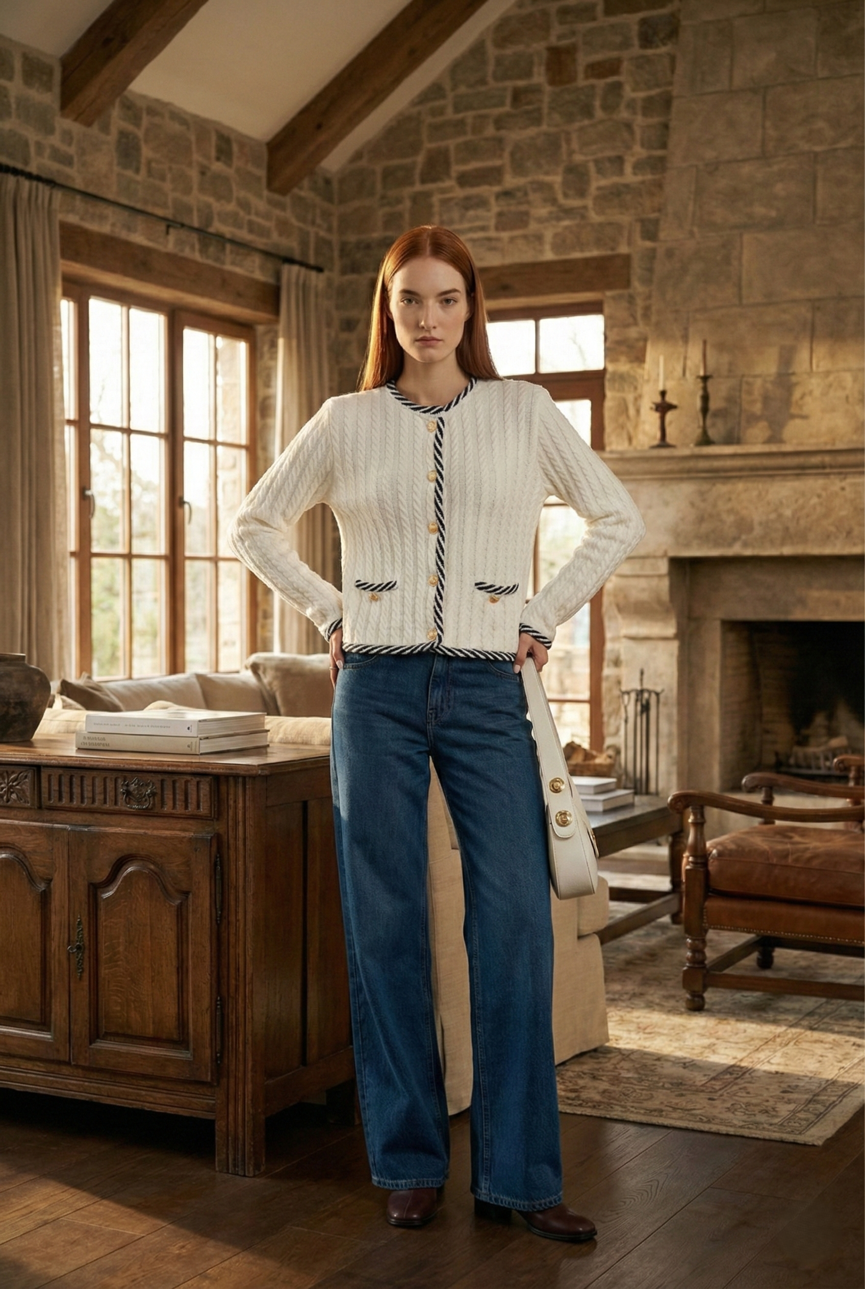 Kadın Kemik-Lacivert Düğmeli Bisiklet Yaka Saç Örgülü Cepli Triko Hırka