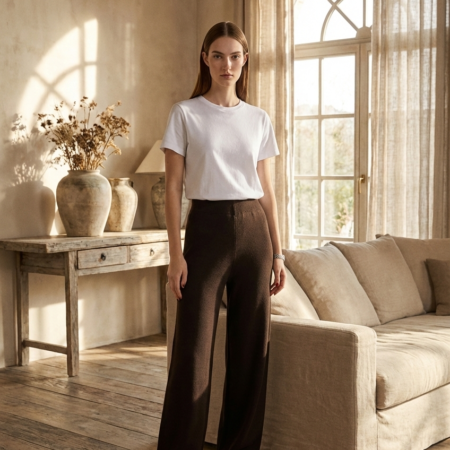 Kadın Koyu Kahve Yüksel Bel Basic Triko Pantolon