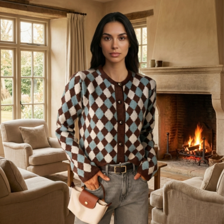 Kadın Koyu Tarçın-Krem Bisiklet Yaka Baklava Desen Triko Hırka