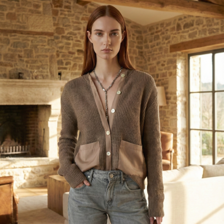 Kadın Koyu Vizon Bisiklet Yaka Düğmeli Cepli Kumaş Detaylı Triko Hırka