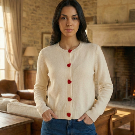 Kadın Krem Bisiklet Yaka Kalp Desen Düğmeli Triko Hırka