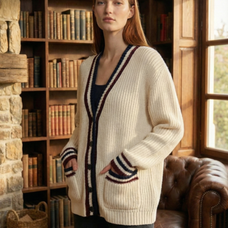 Kadın Krem Cepli Düğmeli Renkli Triko Hırka