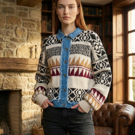 Kadın Krem Düğmeli Jakarlı Kot Detaylı Triko Hırka