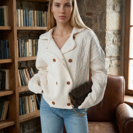 Kadın Krem Kruvaze Örgü Desen Düğmeli Triko Hırka