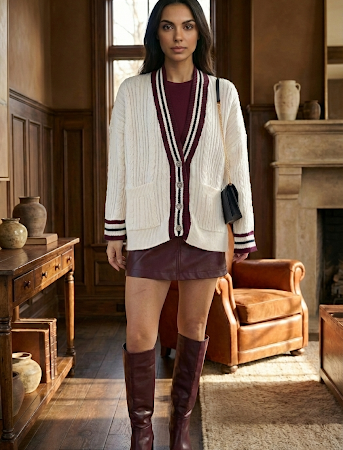 Kadın Krem Renkli Yakalı Cepli Triko Hırka