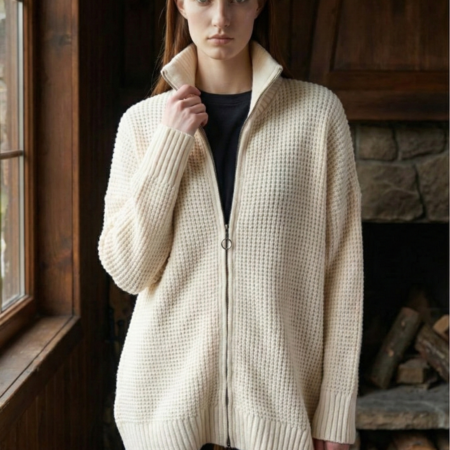 Kadın Krem Yakalı Fermuarlı Oversize Uzun Triko Hırka