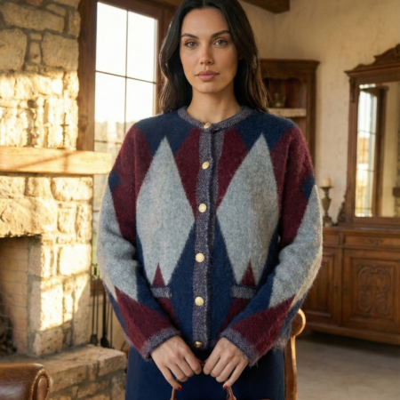 Kadın Lacivert-Gri Bisiklet Yaka Baklava Desen Yumoş Triko Hırka