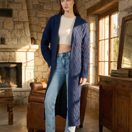 Kadın Lacivert Saç Örgü Kapüşonlu Yünlü Uzun Triko Hırka