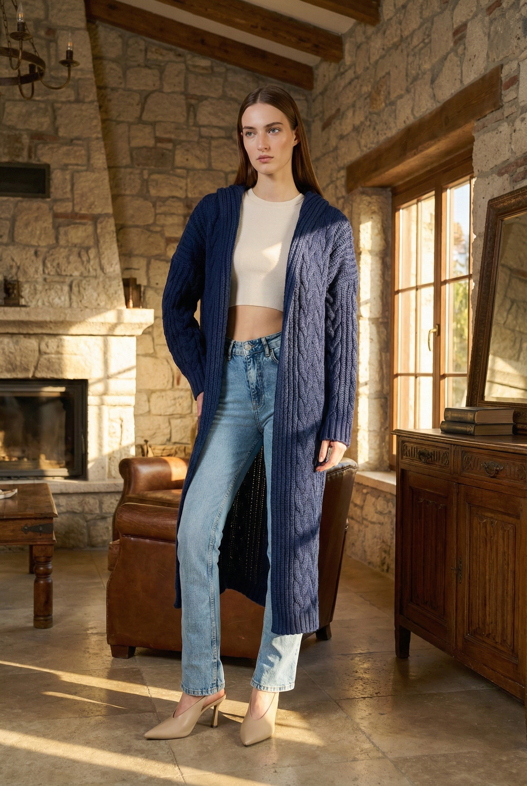 Kadın Lacivert Saç Örgü Kapüşonlu Yünlü Uzun Triko Hırka