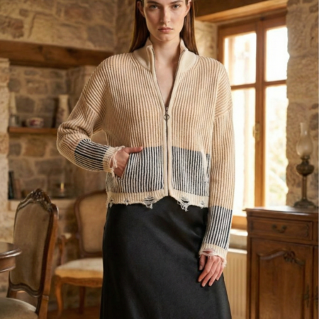 Kadın Renkli Yırtık Detaylı Fermuarlı Triko Hırka