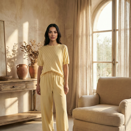 Kadın Sarı Beli Lastikli Bağcıklı Keten Pantolon