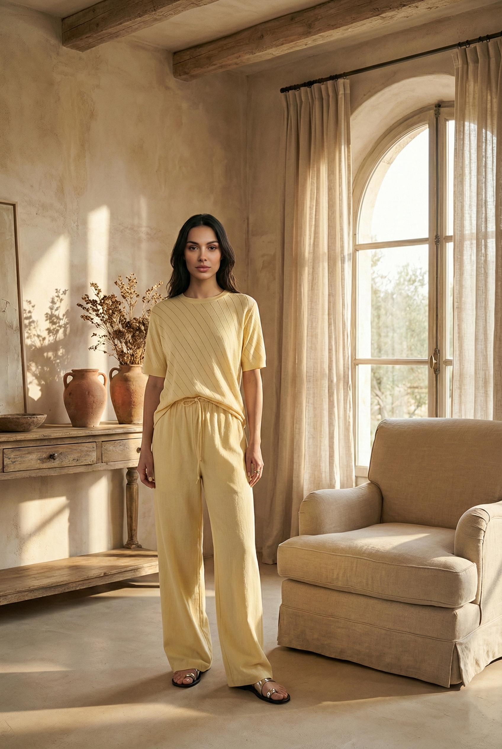 Kadın Sarı Beli Lastikli Bağcıklı Keten Pantolon