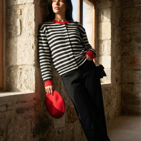 Kadın Siyah-Krem Bisiklet Yaka Çizgi Desen Düğmeli Triko Hırka