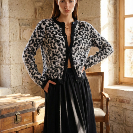 Kadın Siyah Leopar Desenli Yumoş Muadil Hırka