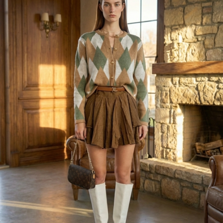 Kadın Yeşil Dört Düğme Baklava Desen Triko Hırka