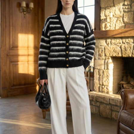 Siyah- Ekru Gold Düğme Detaylı Çizgili Yumoş Hırka